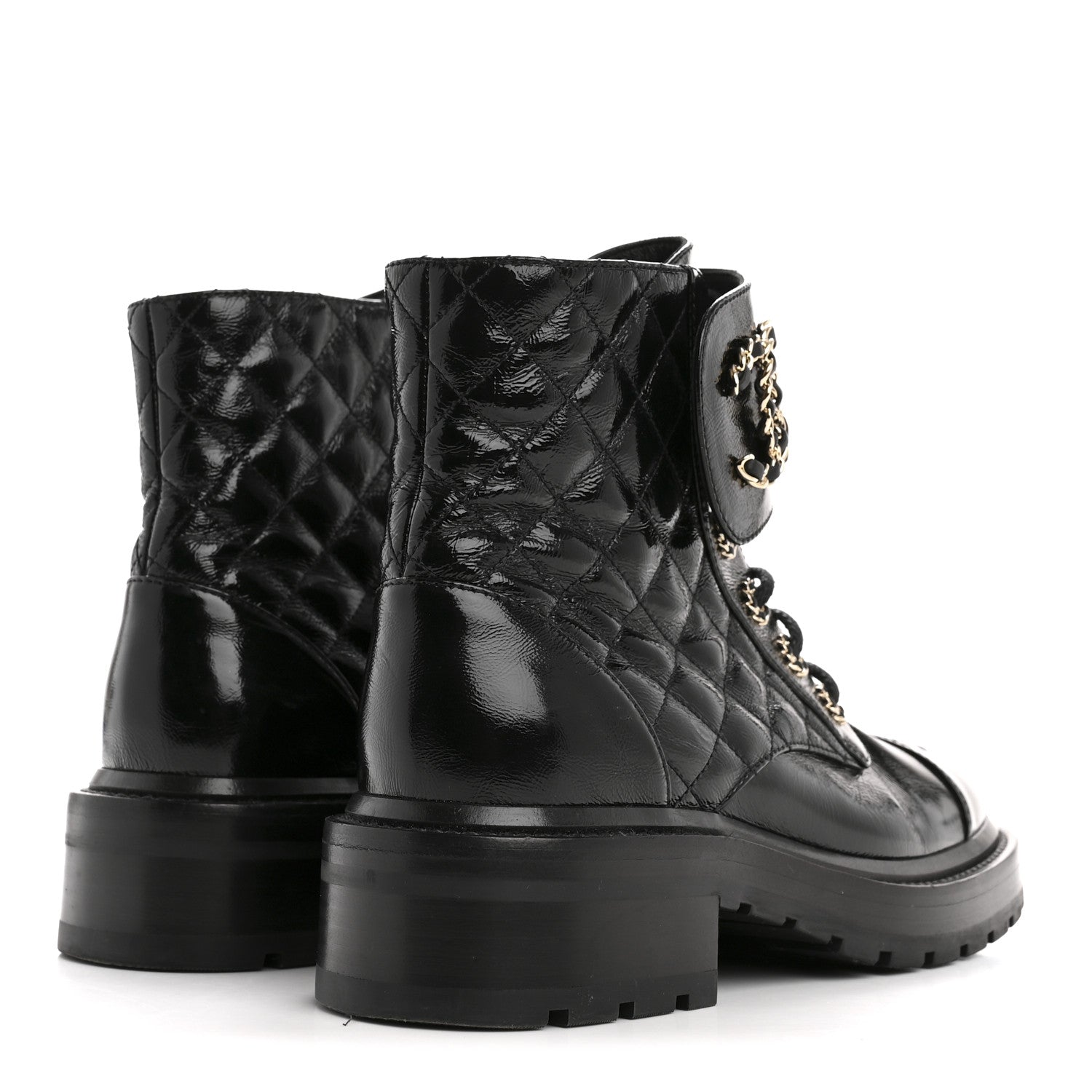 Chanel Shiny Goatskin Calfskin Quilted Lace Up Combat Boots 36.5 Black