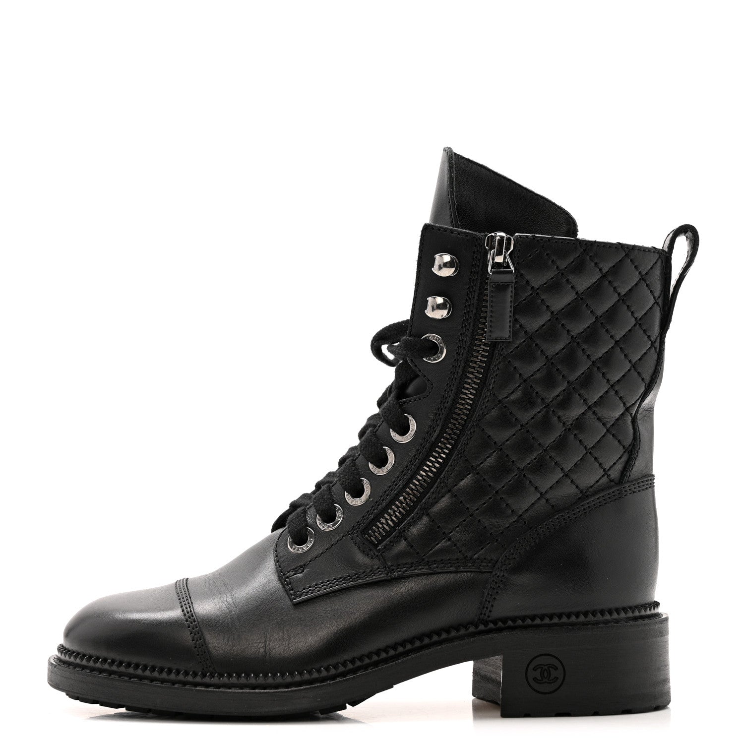 Chanel Calfskin Quilted Lace Up Combat Boots 36.5 Black