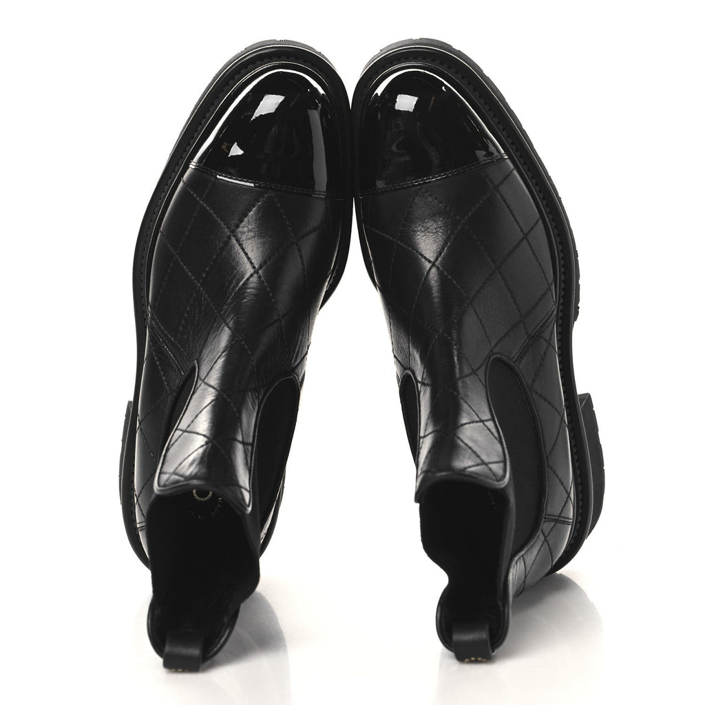 Chanel Calfskin Patent Cap Toe Quilted Short Boots 37 Black