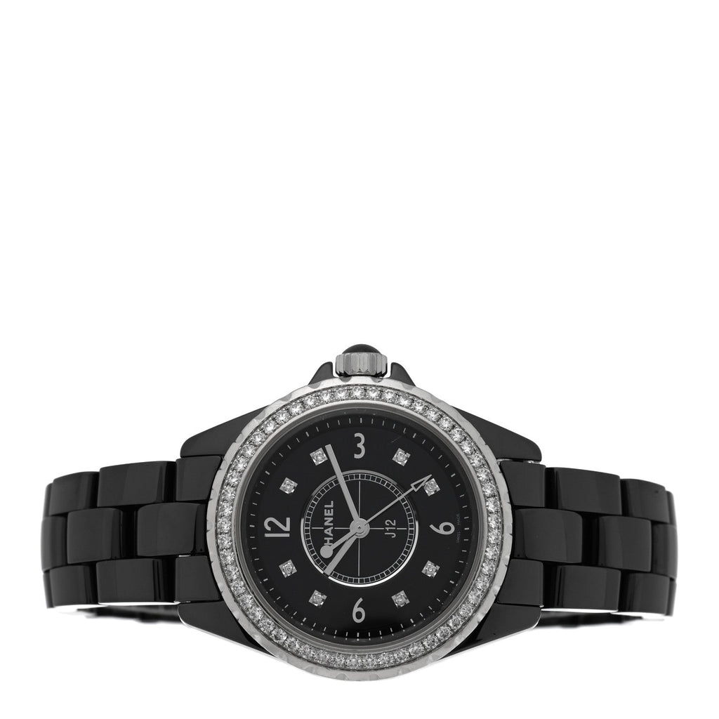 Chanel Stainless Steel Ceramic Diamond Bezel 33mm J12 Quartz Watch Black