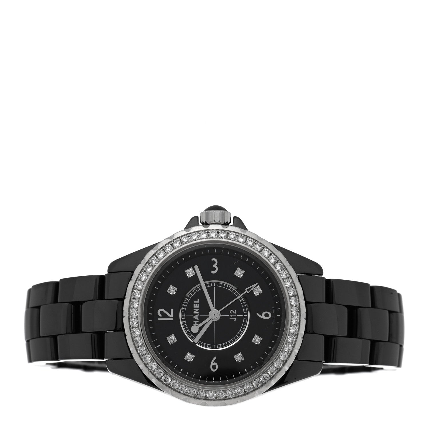 Chanel Stainless Steel Ceramic Diamond Bezel 33mm J12 Quartz Watch Black