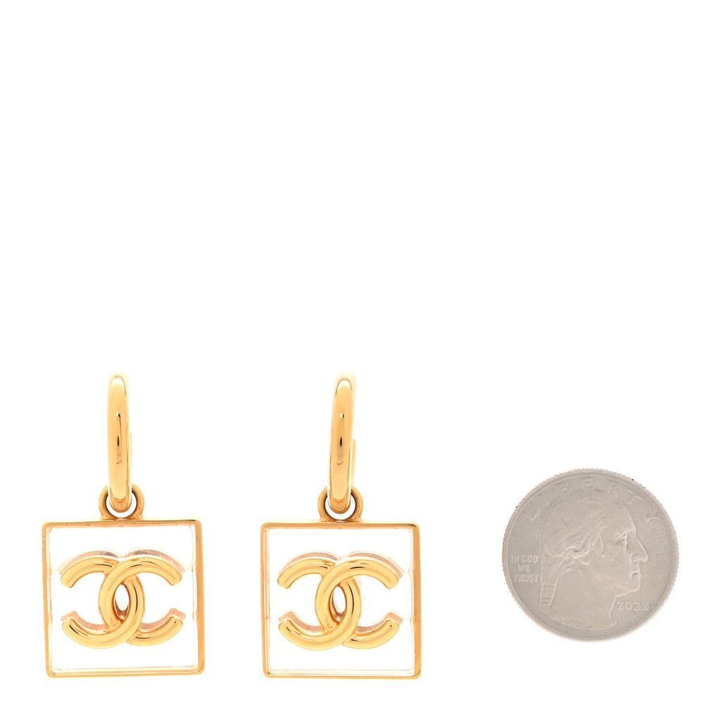 Chanel Metal Resin CC Square Drop Earrings Gold Transparent