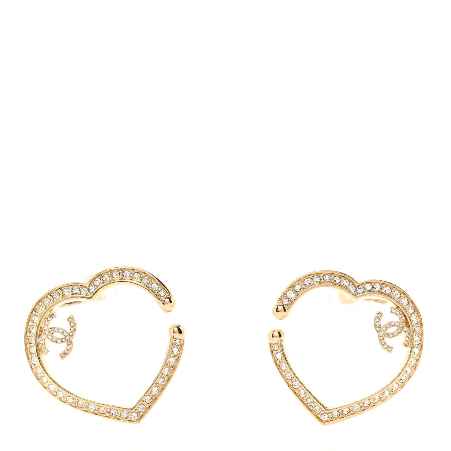 Chanel Metal Crystal CC Open Heart Earrings Gold
