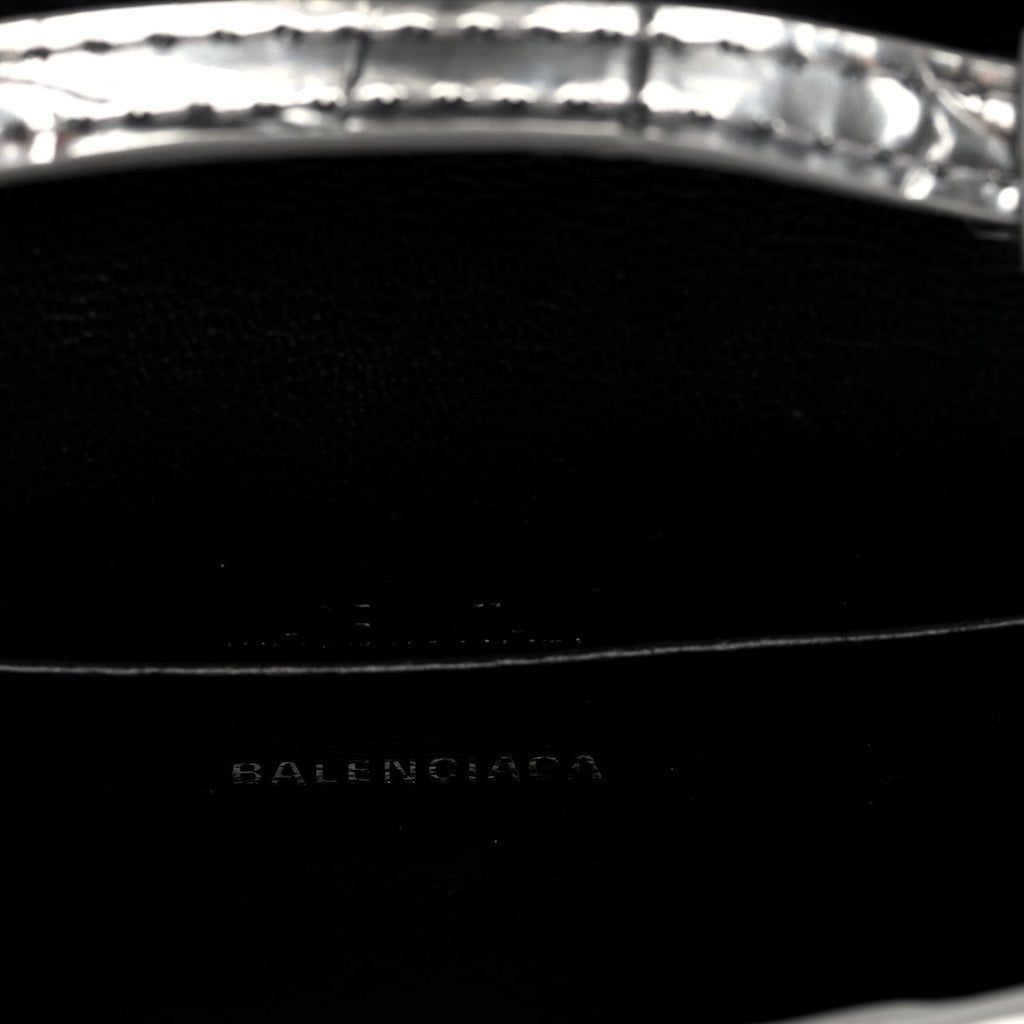Balenciaga Metallic Calfskin Crocodile Embossed Hourglass Top Handle Bag Mini Silver
