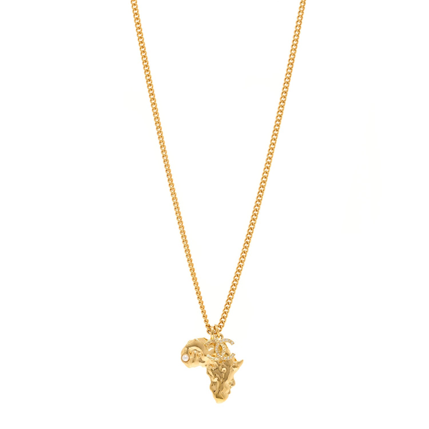 Chanel Metal Pearl Crystal CC Dakar Pendant Necklace Gold White