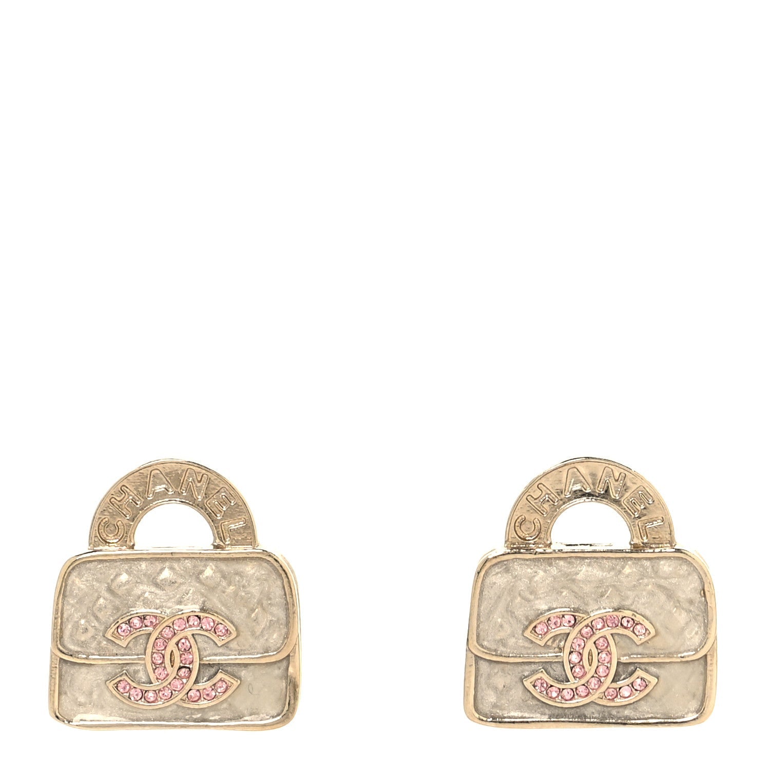Chanel Metal Crystal Resin CC Top Handle Bag Clip On Earrings Pink White Gold