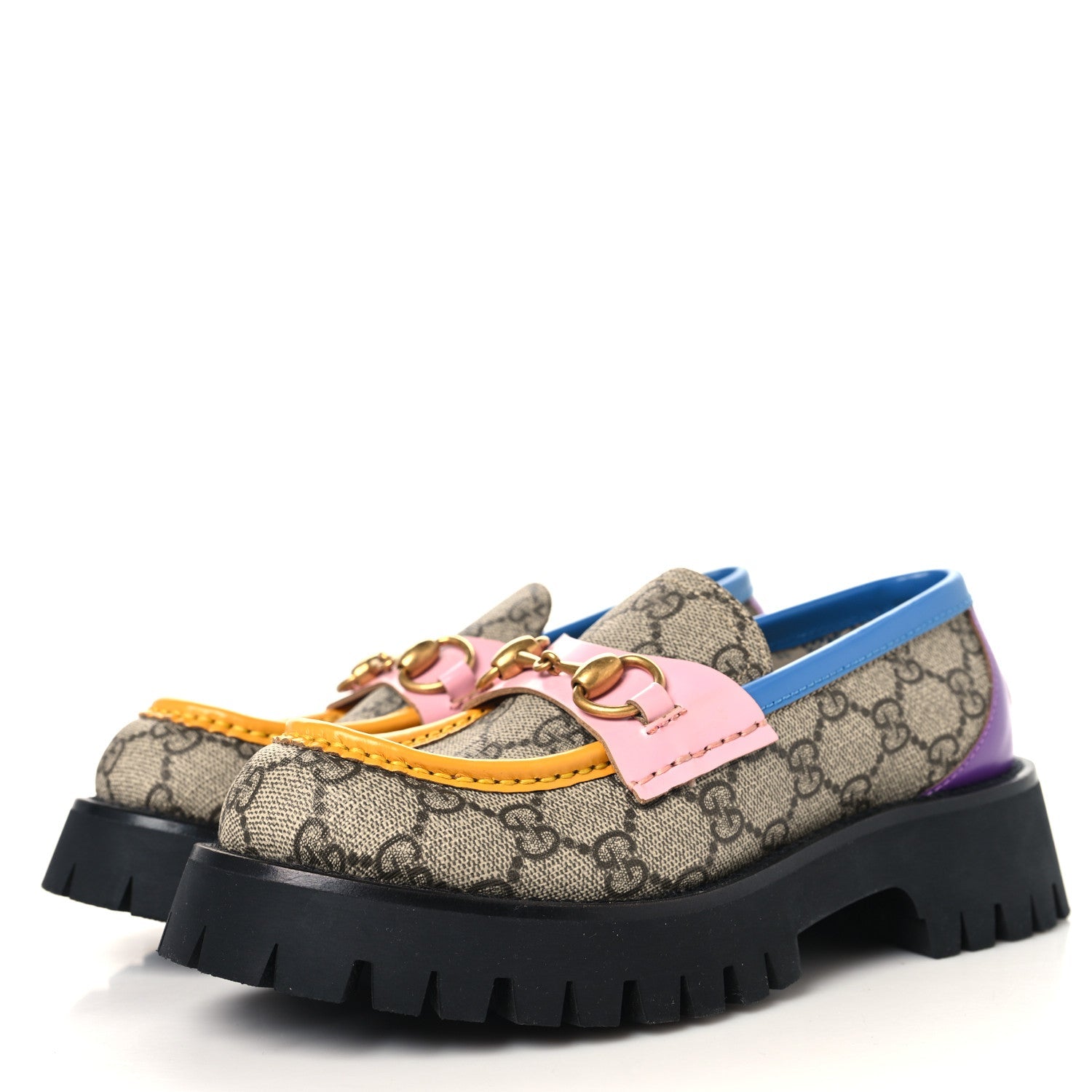 Gucci GG Supreme Monogram Cordovan Lux Womens Harald Horsebit 25mm Platform Loafers 35.5 Beige Sugar Pink Crop Shine Purple Marine
