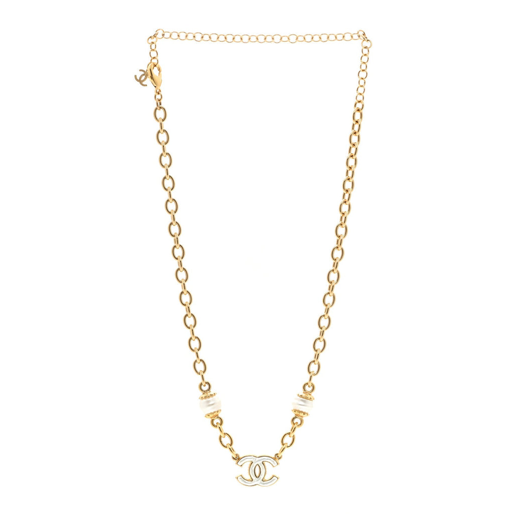 Chanel Metal Enamel CC Necklace Gold White