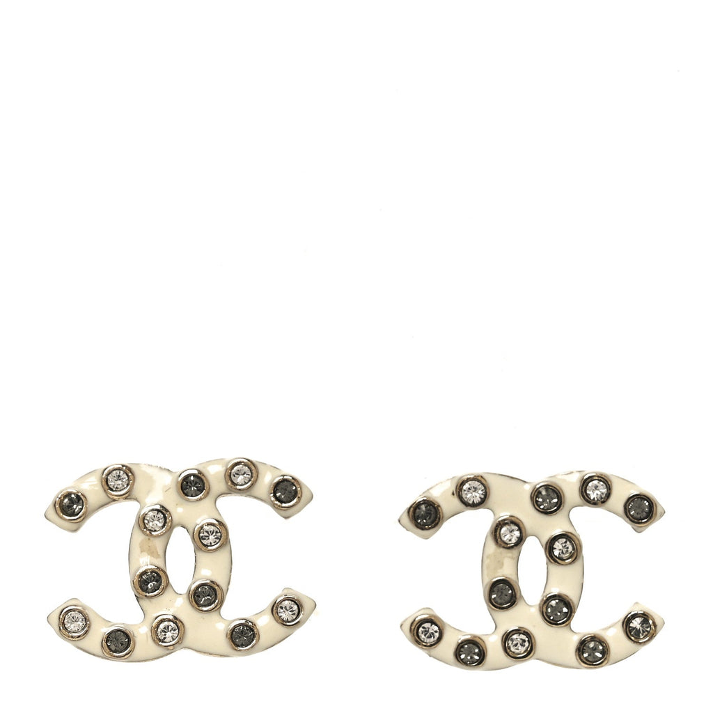 Chanel Crystal Enamel CC Earrings White