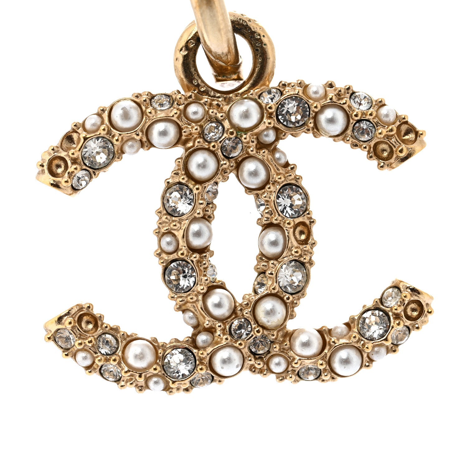 Chanel Crystal Pearls CC Drop Earrings Light Gold