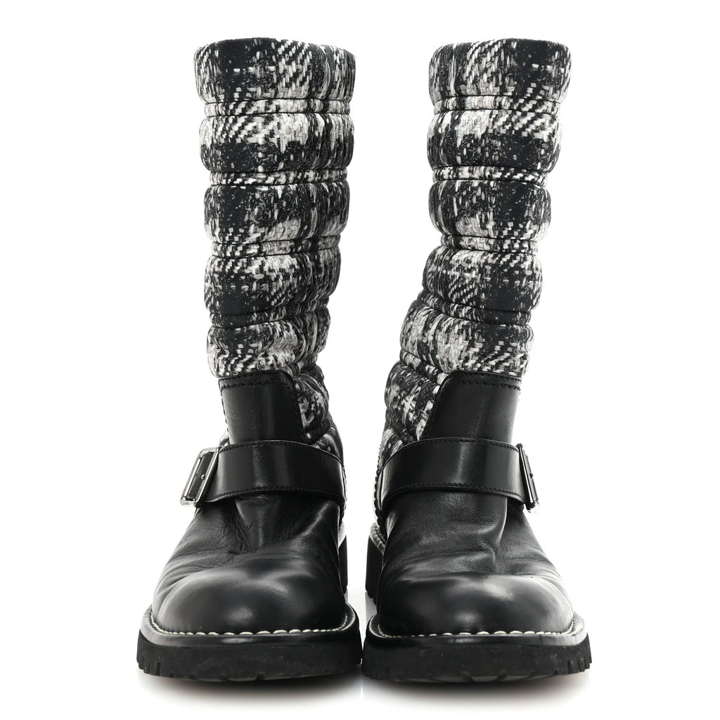 Chanel Calfskin Tweed Nylon Printed Boots 38 Black