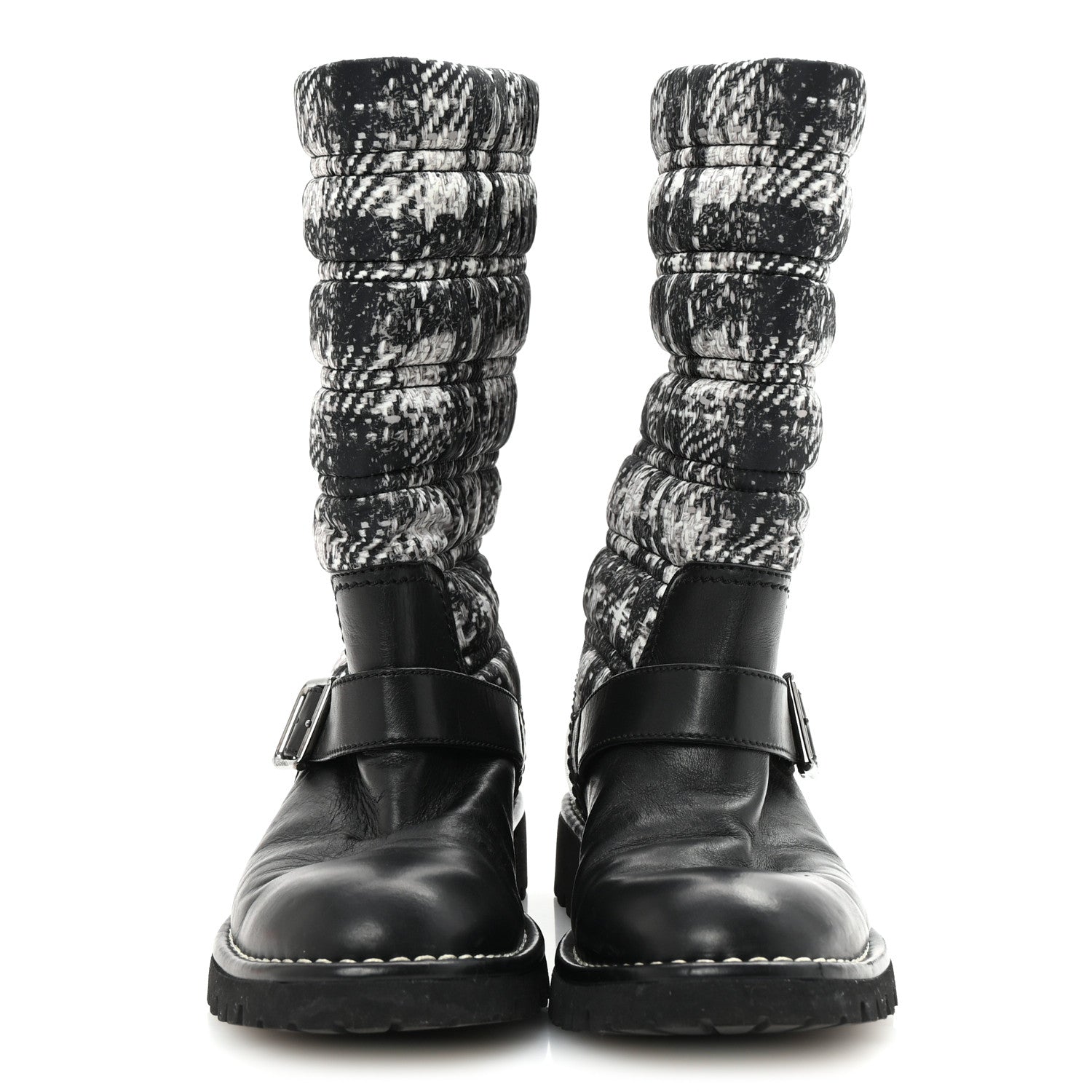 Chanel Calfskin Tweed Nylon Printed Boots 38 Black