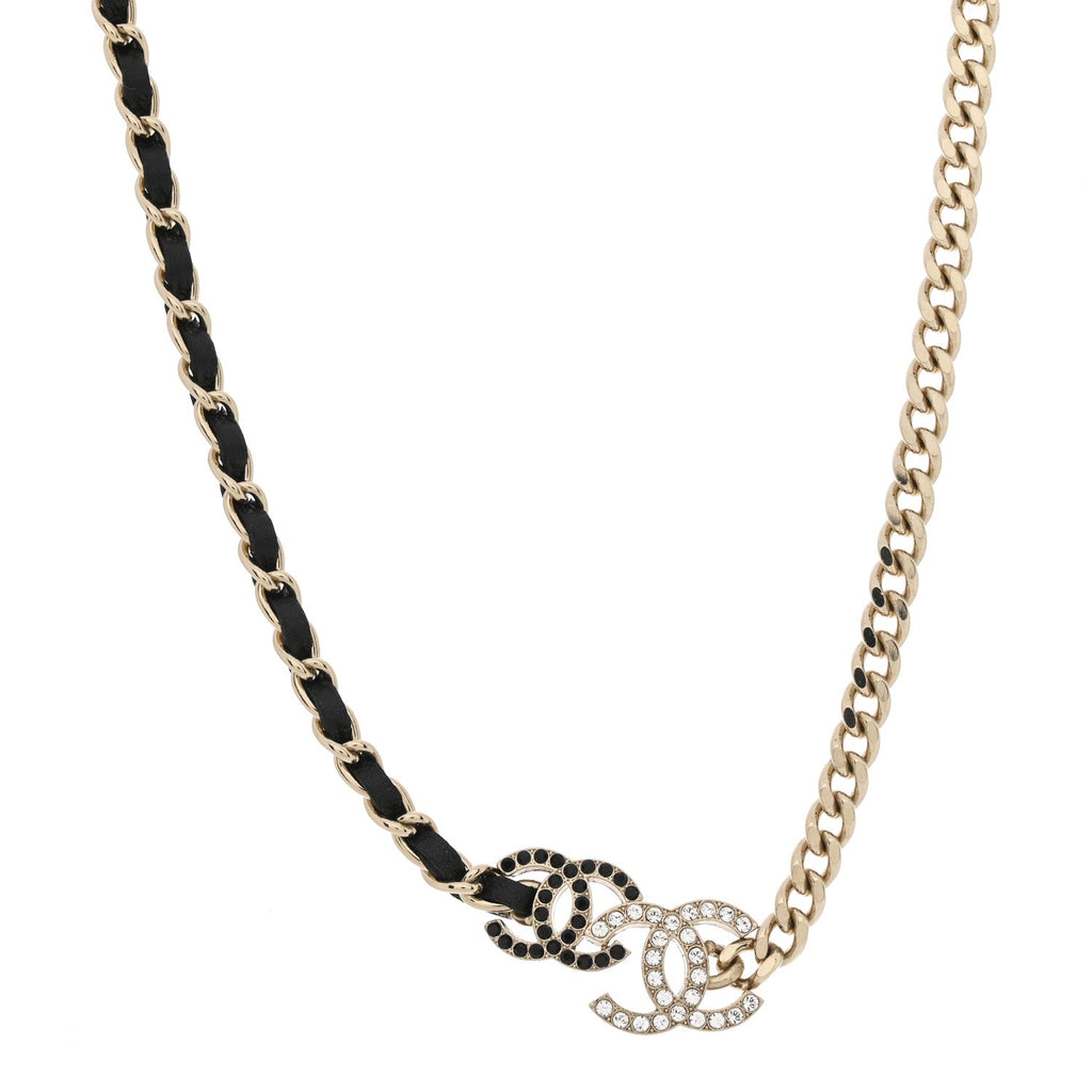 Chanel Lambskin Crystal CC Chain Choker Necklace Black Gold