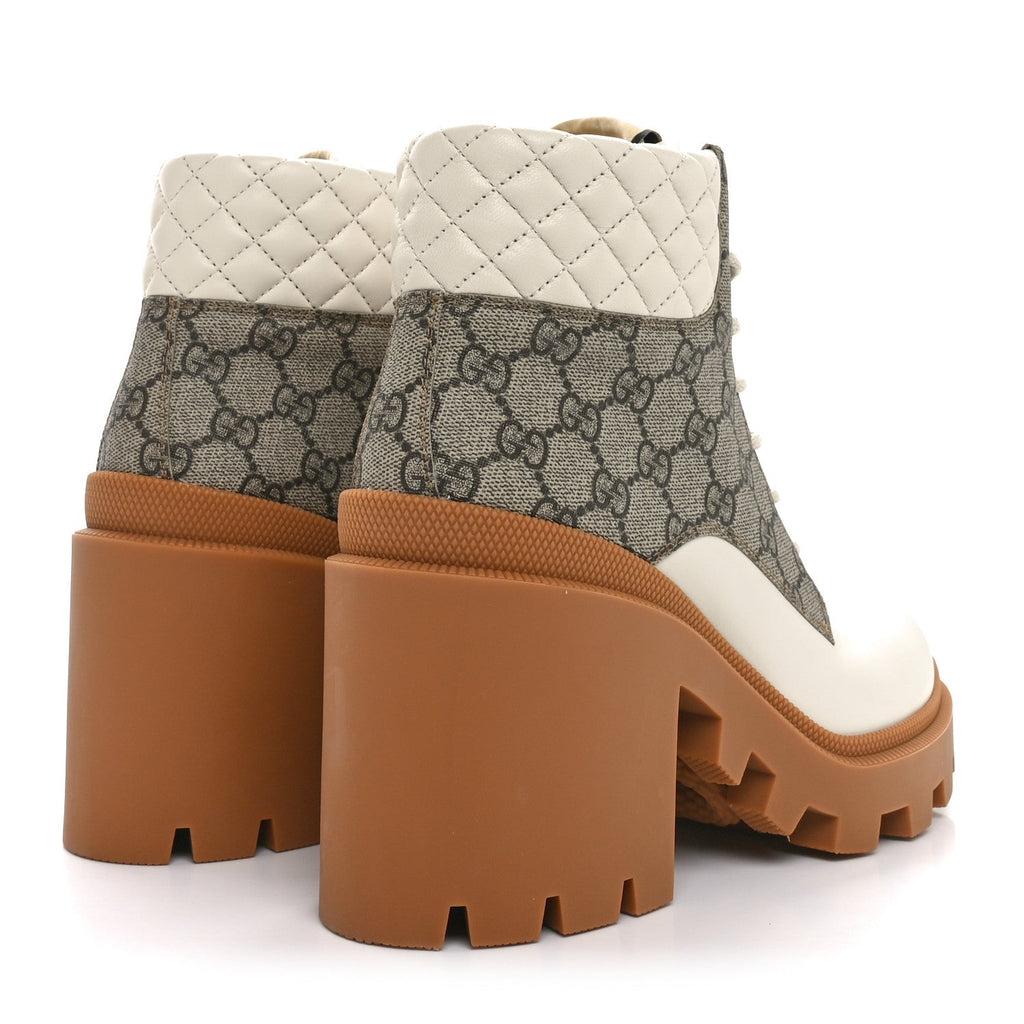 Gucci Calfskin GG Supreme Monogram Nappa Quilted Lace Up Ankle Boots 41 Mystic White Beige