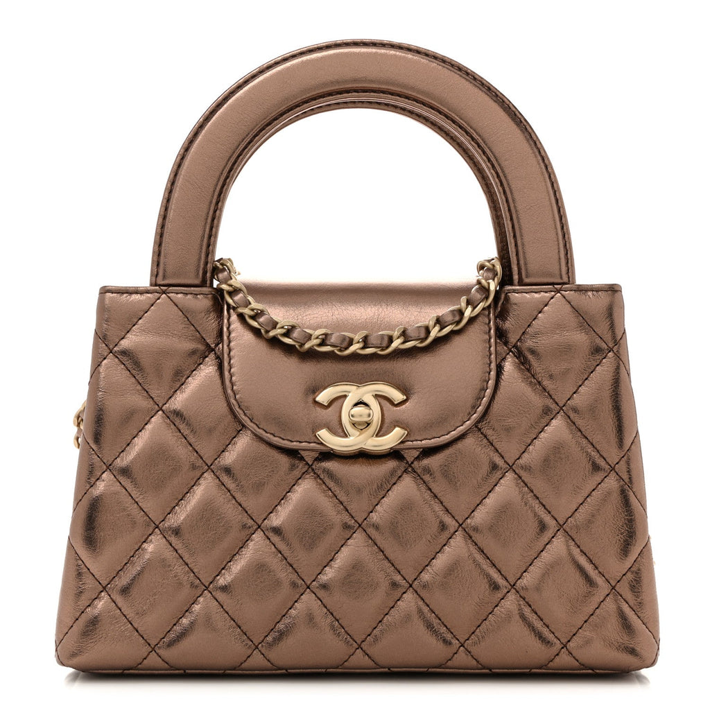 Chanel Metallic Aged Calfskin Quilted Nano Kelly Shopper Light Brown