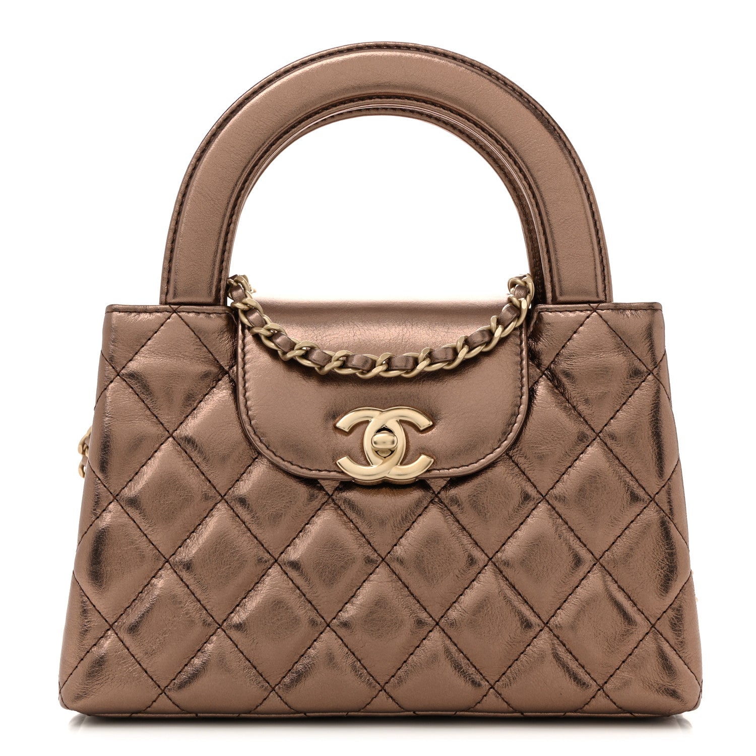 Chanel Metallic Aged Calfskin Quilted Nano Kelly Shopper Light Brown