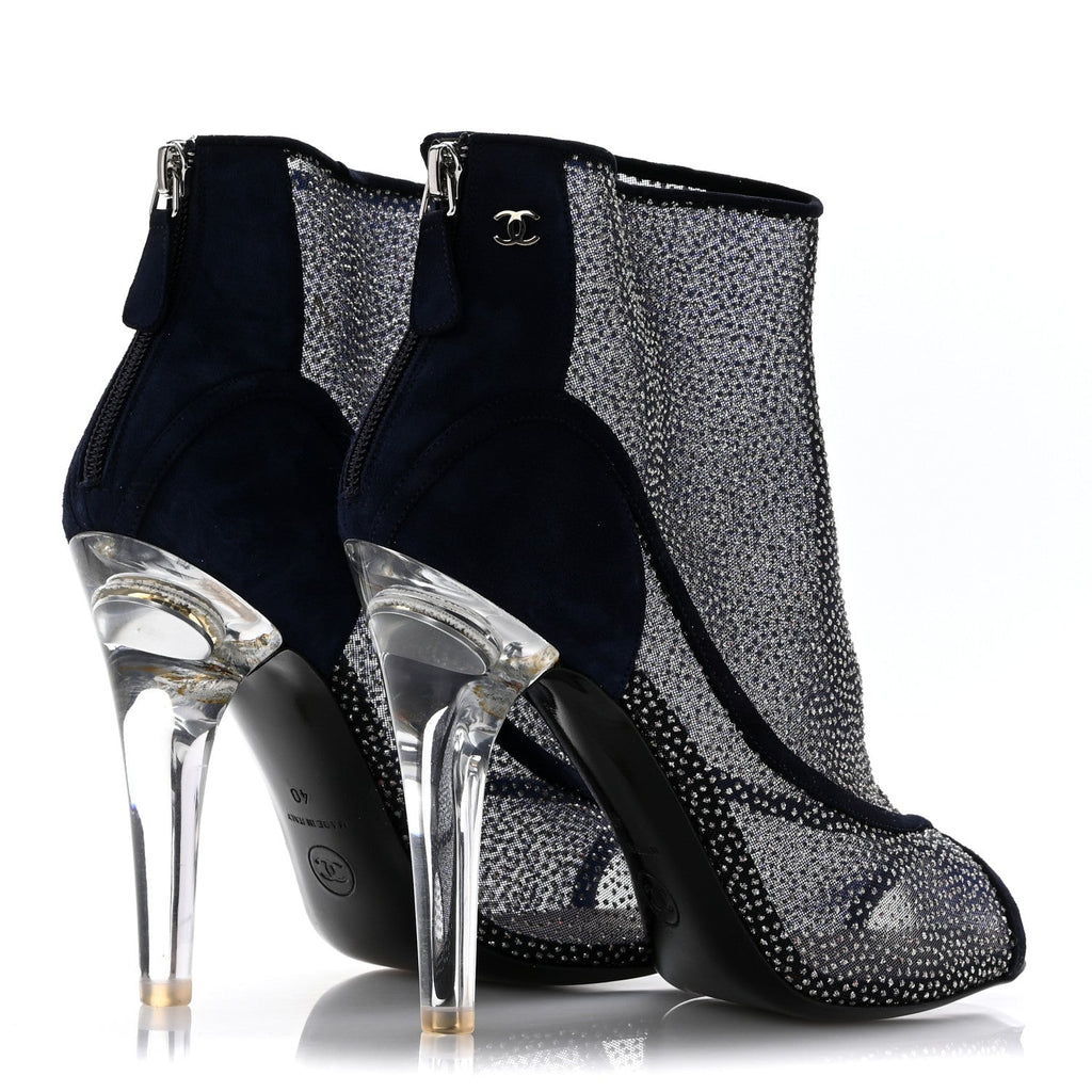 Chanel Mesh Crystal Open Toe Ankle Boots 40 Navy