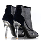 Chanel Mesh Crystal Open Toe Ankle Boots 40 Navy