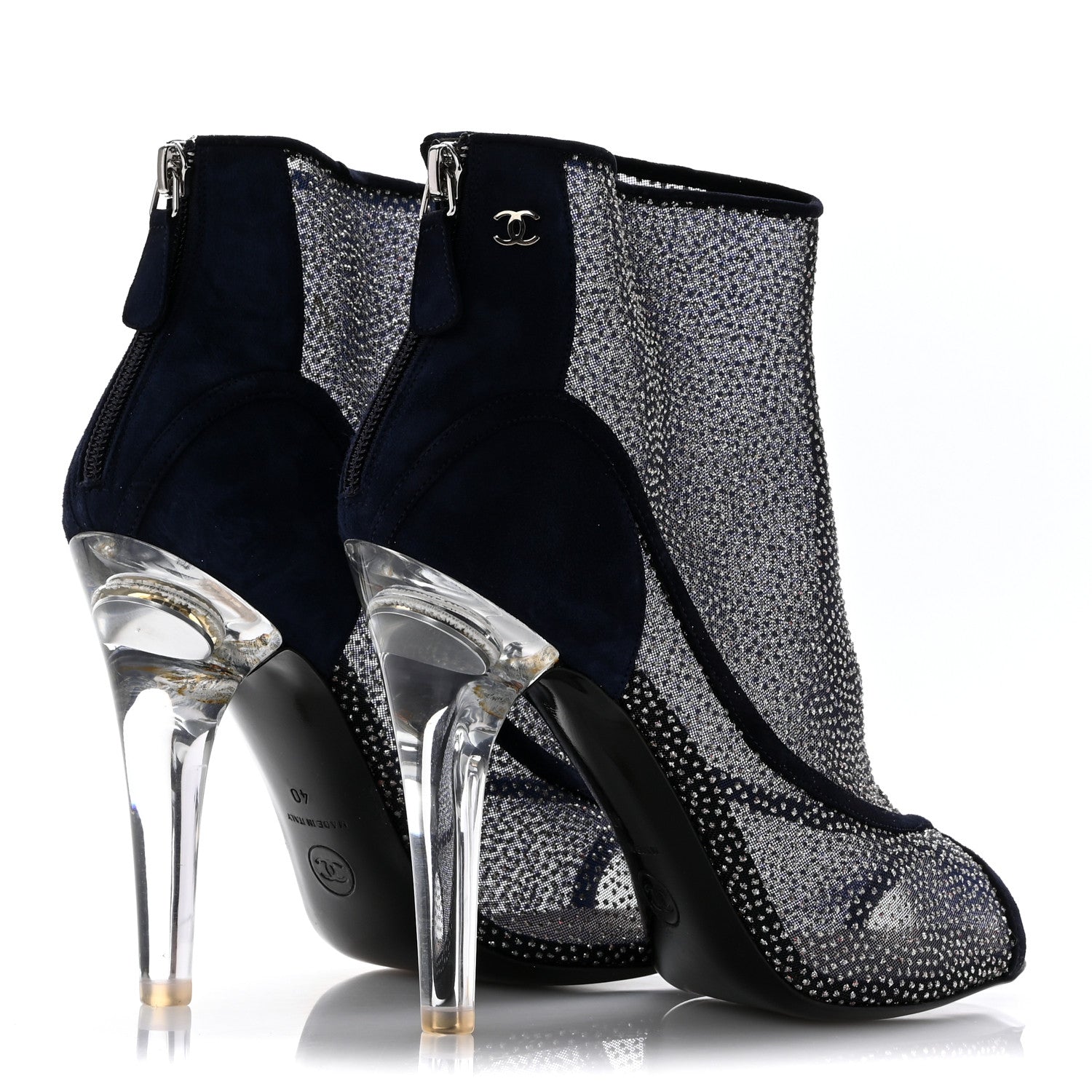 Chanel Mesh Crystal Open Toe Ankle Boots 40 Navy