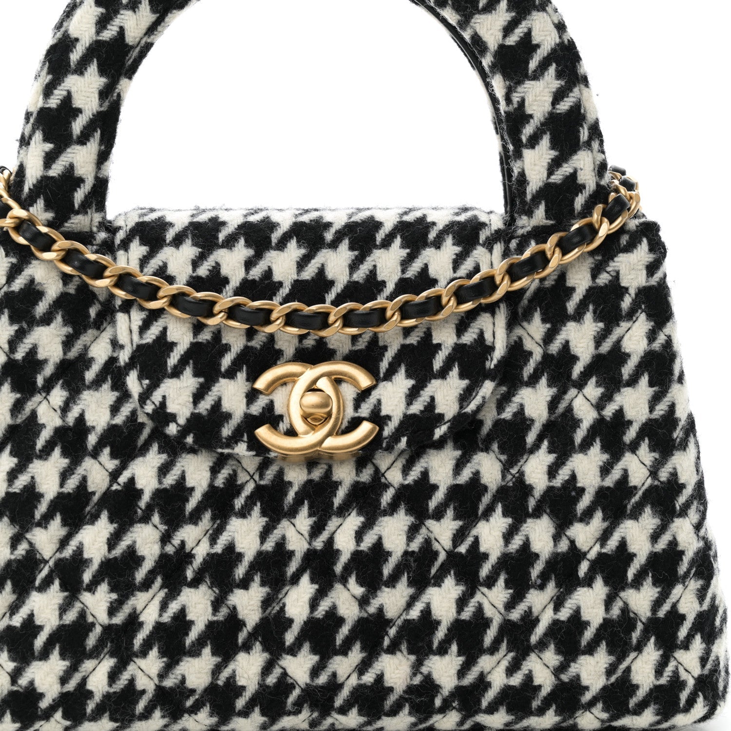 Chanel Tweed Houndstooth Quilted Nano Kelly Shopper Black White