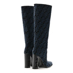 Fendi Chenille Jacquard FF 110mm Knee Boots 39 Black Blue