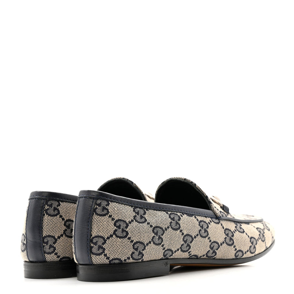 Gucci Monogram Malaga Kid Horsebit Womens Jordaan Loafers 36 Beige Blue