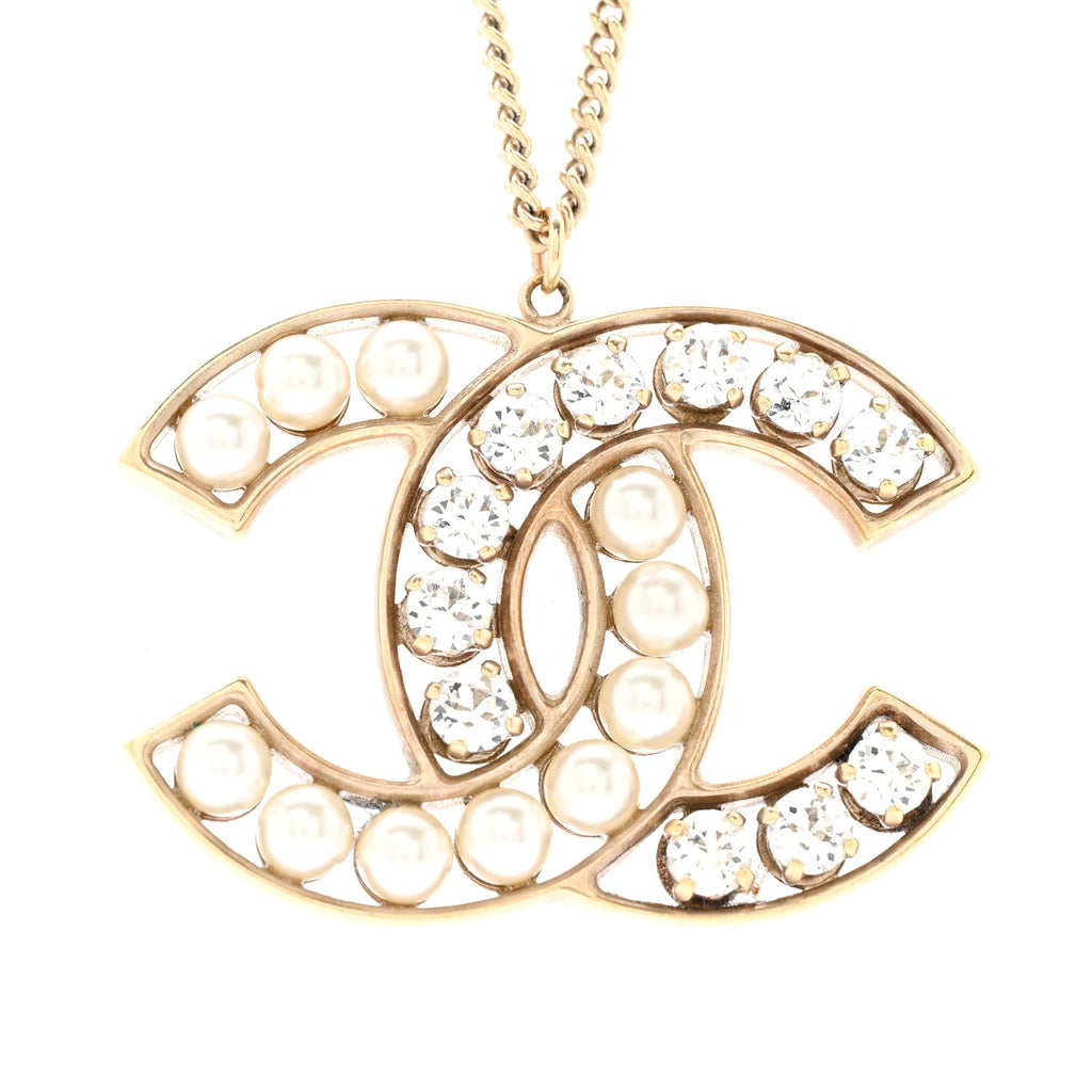 Chanel Pearl Crystal CC Pendant Necklace Gold