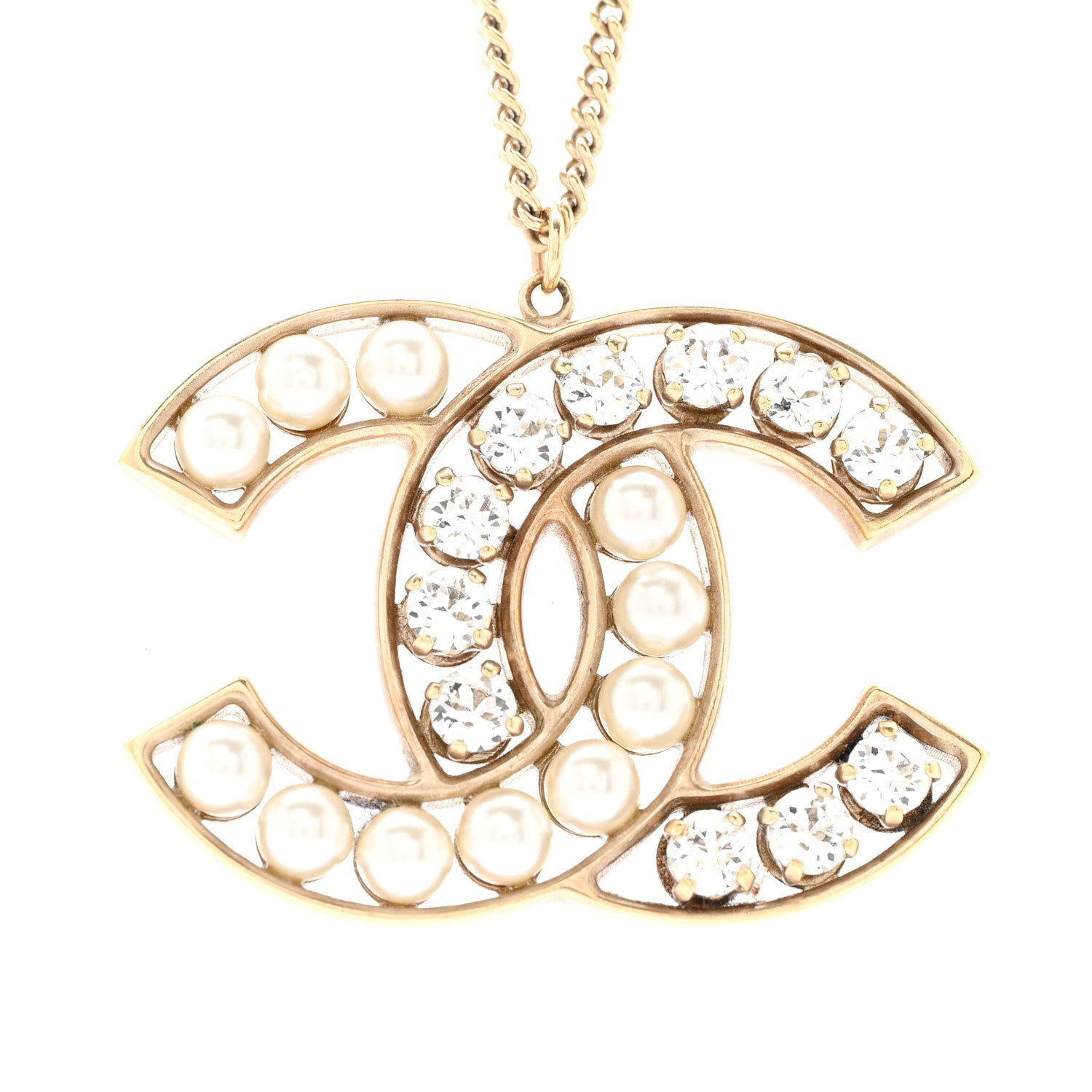 Chanel Pearl Crystal CC Pendant Necklace Gold