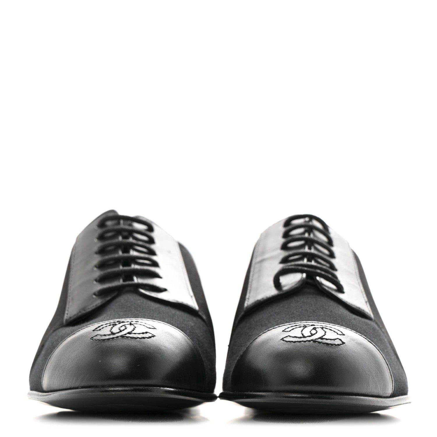 Chanel Calfskin Elastic Lace Up Cap Toe CC Loafers 37 Black