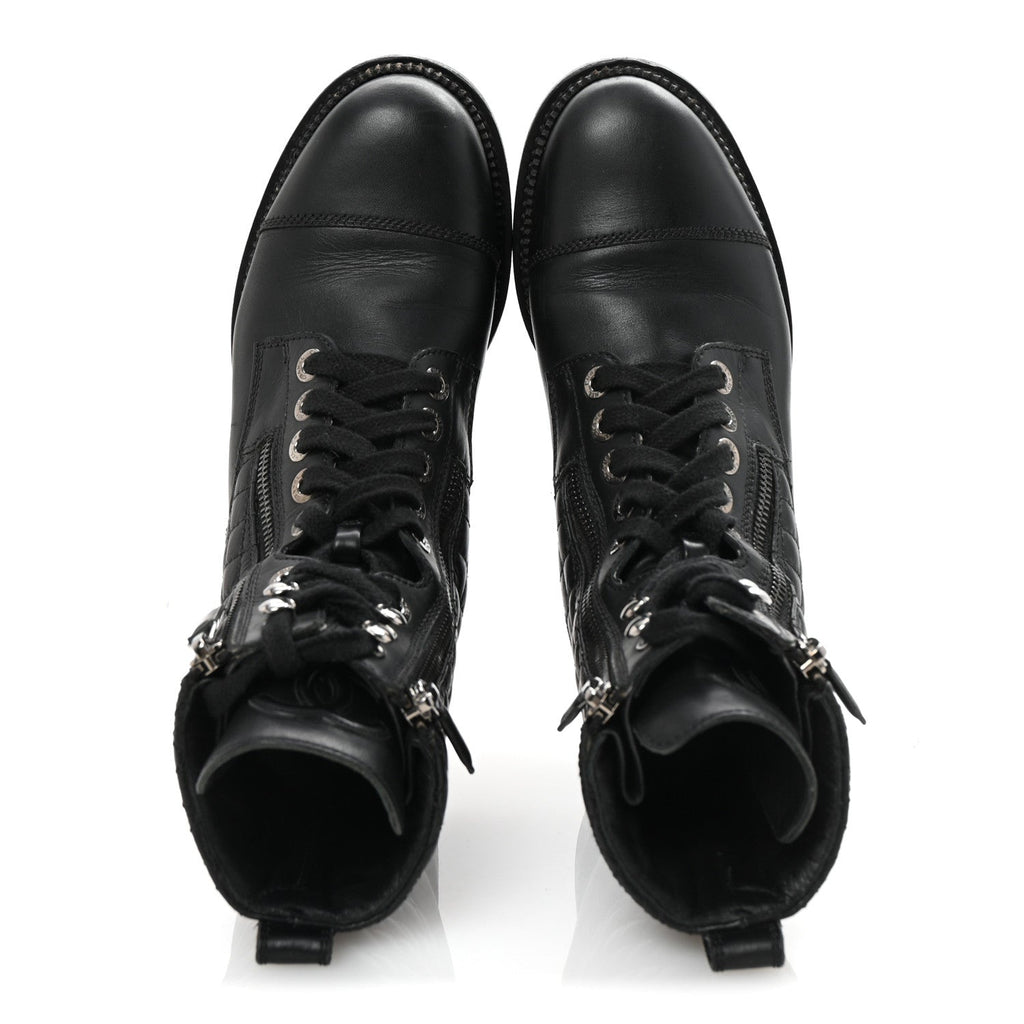 Chanel Calfskin Quilted Lace Up Combat Boots 37.5 Black