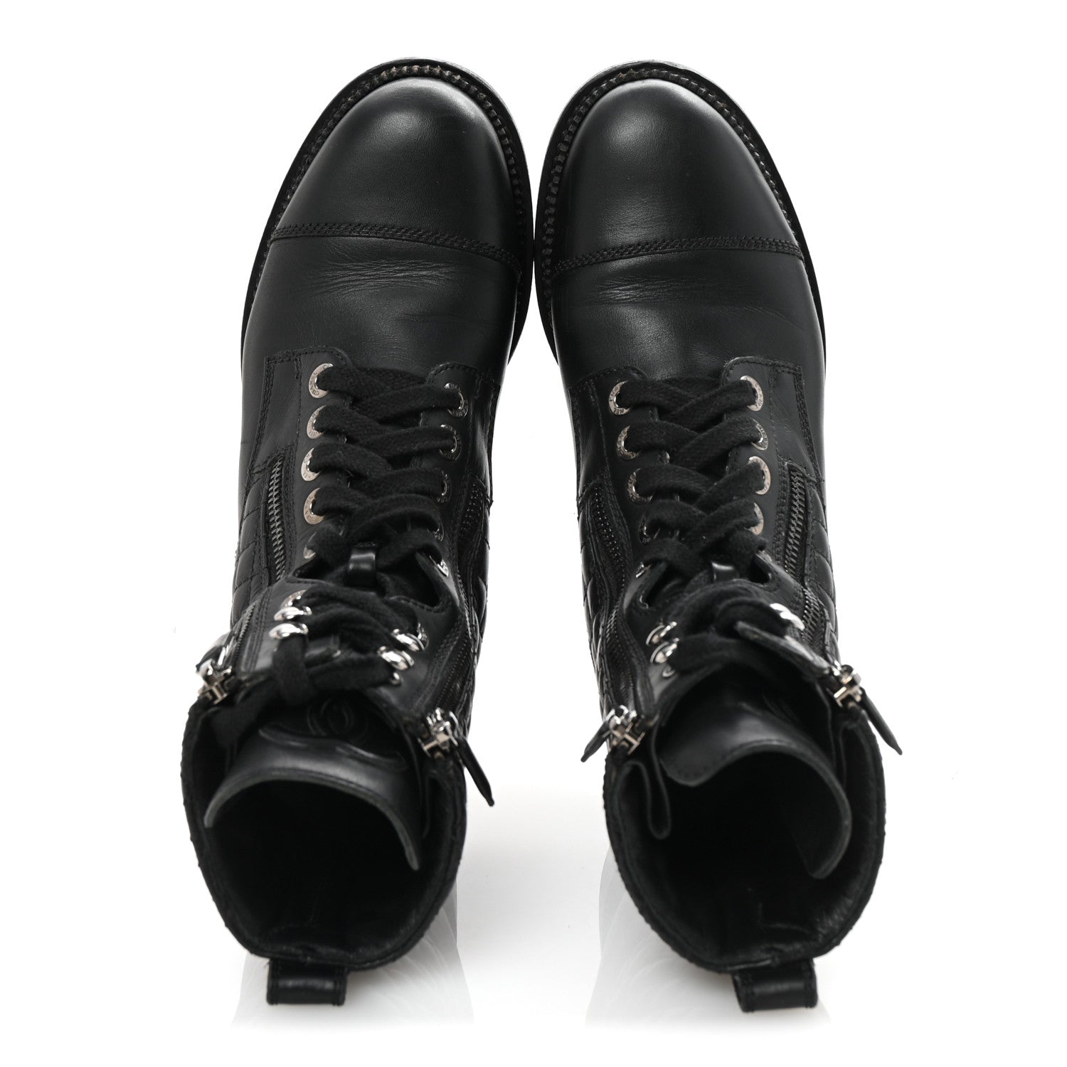 Chanel Calfskin Quilted Lace Up Combat Boots 37.5 Black