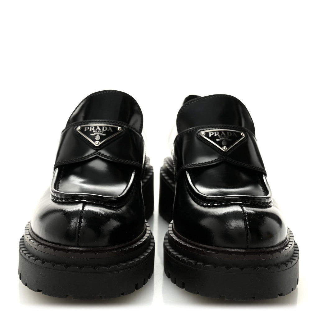 Prada Spazzolato Metal Triangle Logo 50mm Loafers 39 Black