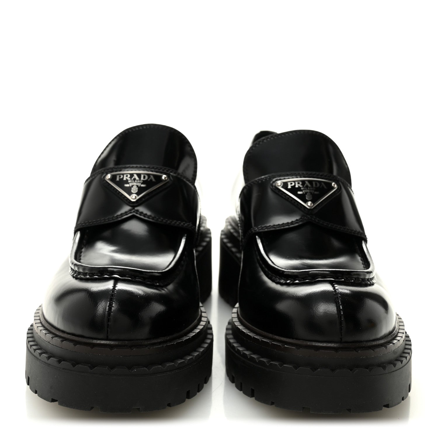 Prada Spazzolato Metal Triangle Logo 50mm Loafers 39 Black