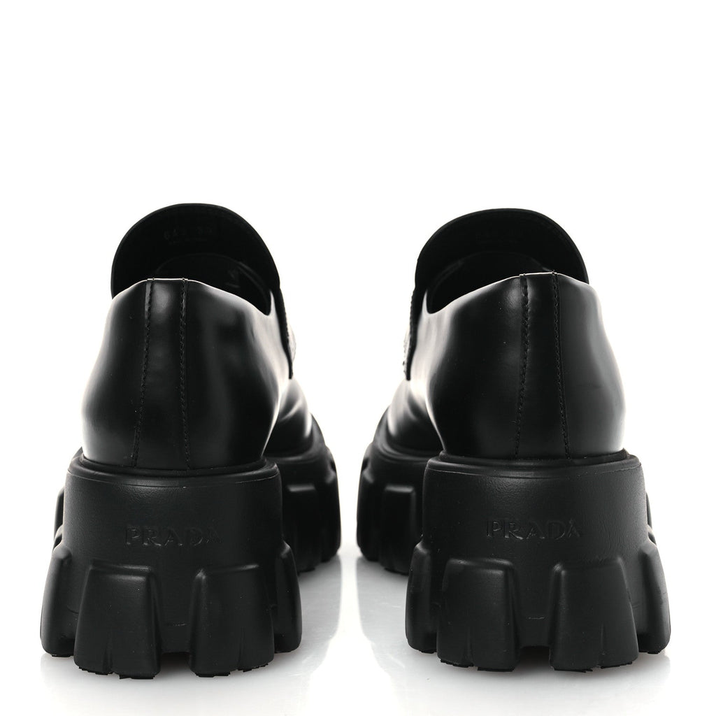 Prada Spazzolato Rois Metal Triangle Logo Monolith 55mm Loafers 39 Black