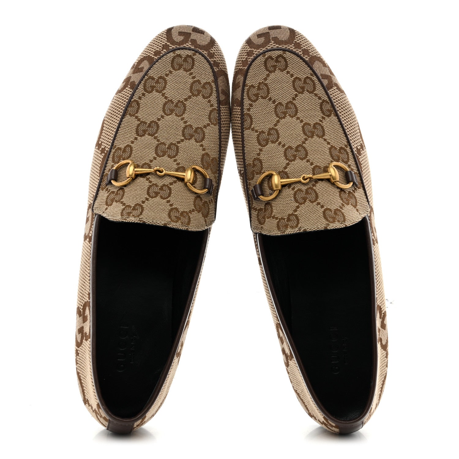 Gucci Monogram Jumbo GG Malaga Kid Horsebit Womens Jordaan Loafers 40 Camel Ebony New Acero Beige