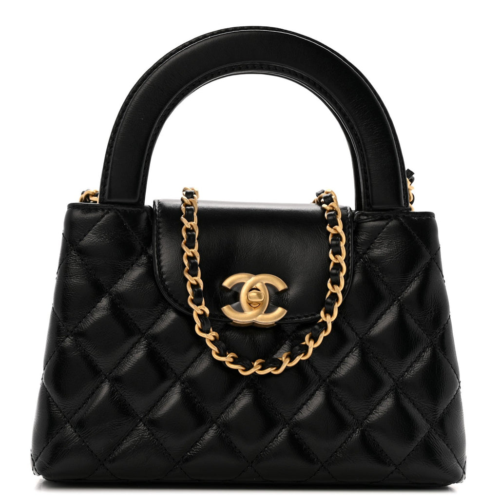 Chanel Shiny Aged Calfskin Quilted Nano Kelly Shopper Black