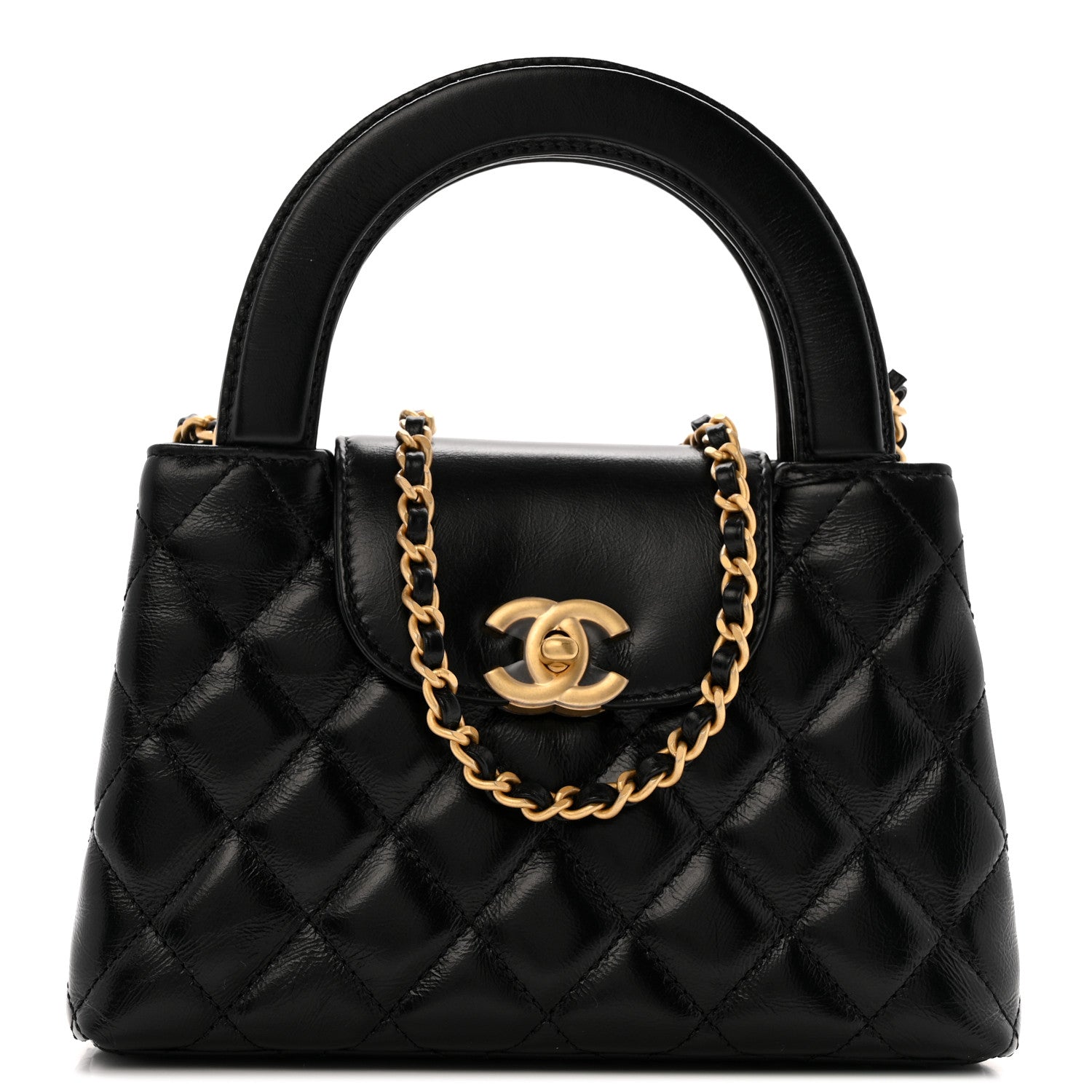 Chanel Shiny Aged Calfskin Quilted Nano Kelly Shopper Black