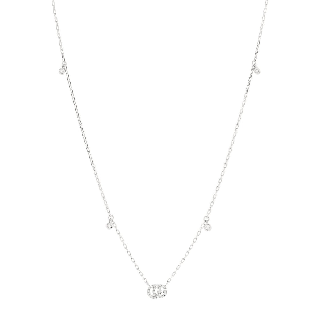 Gucci 18K White Gold Diamond Running GG Pendant Necklace