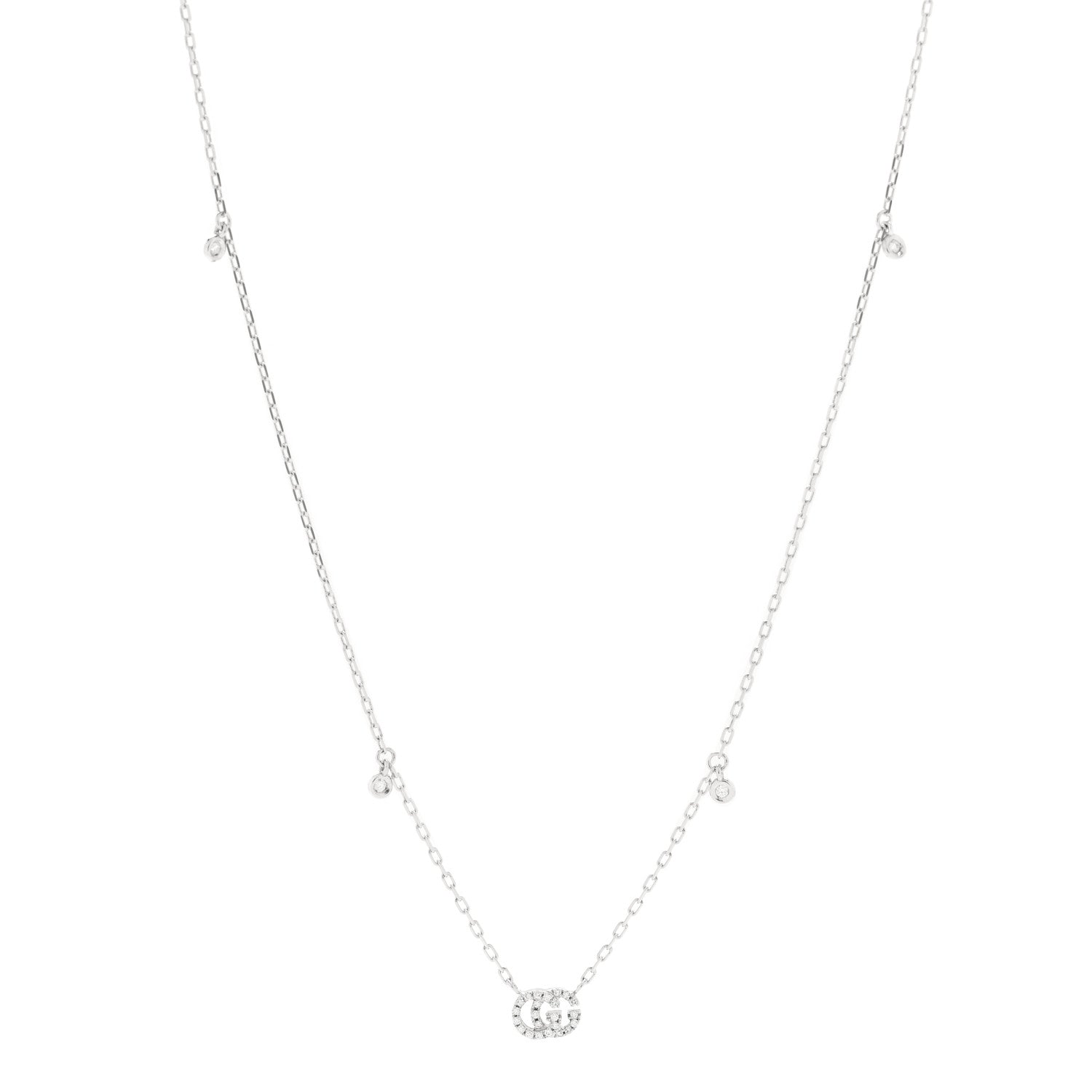 Gucci 18K White Gold Diamond Running GG Pendant Necklace