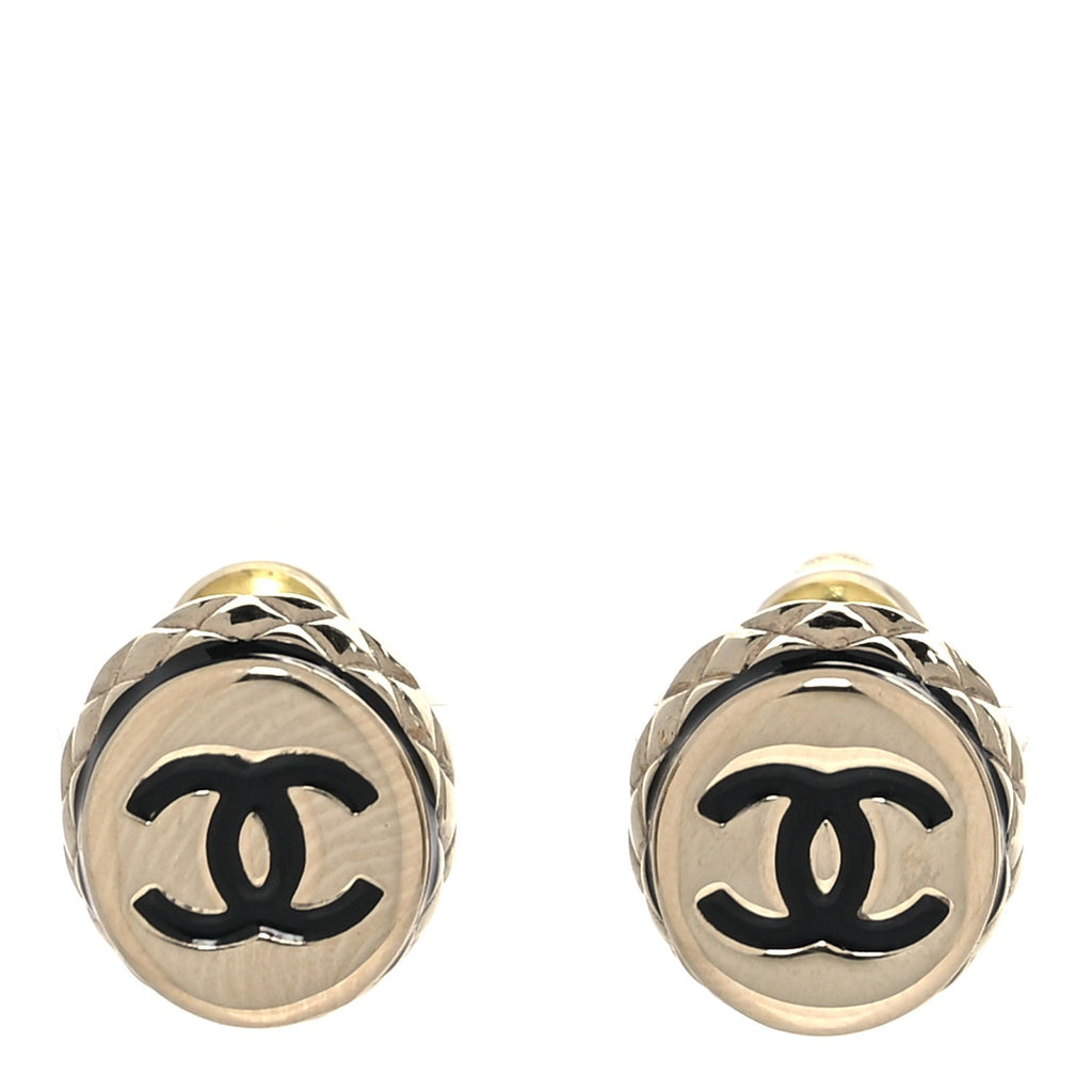 Chanel Metal Enamel Quilted CC Stud Earrings Gold Black