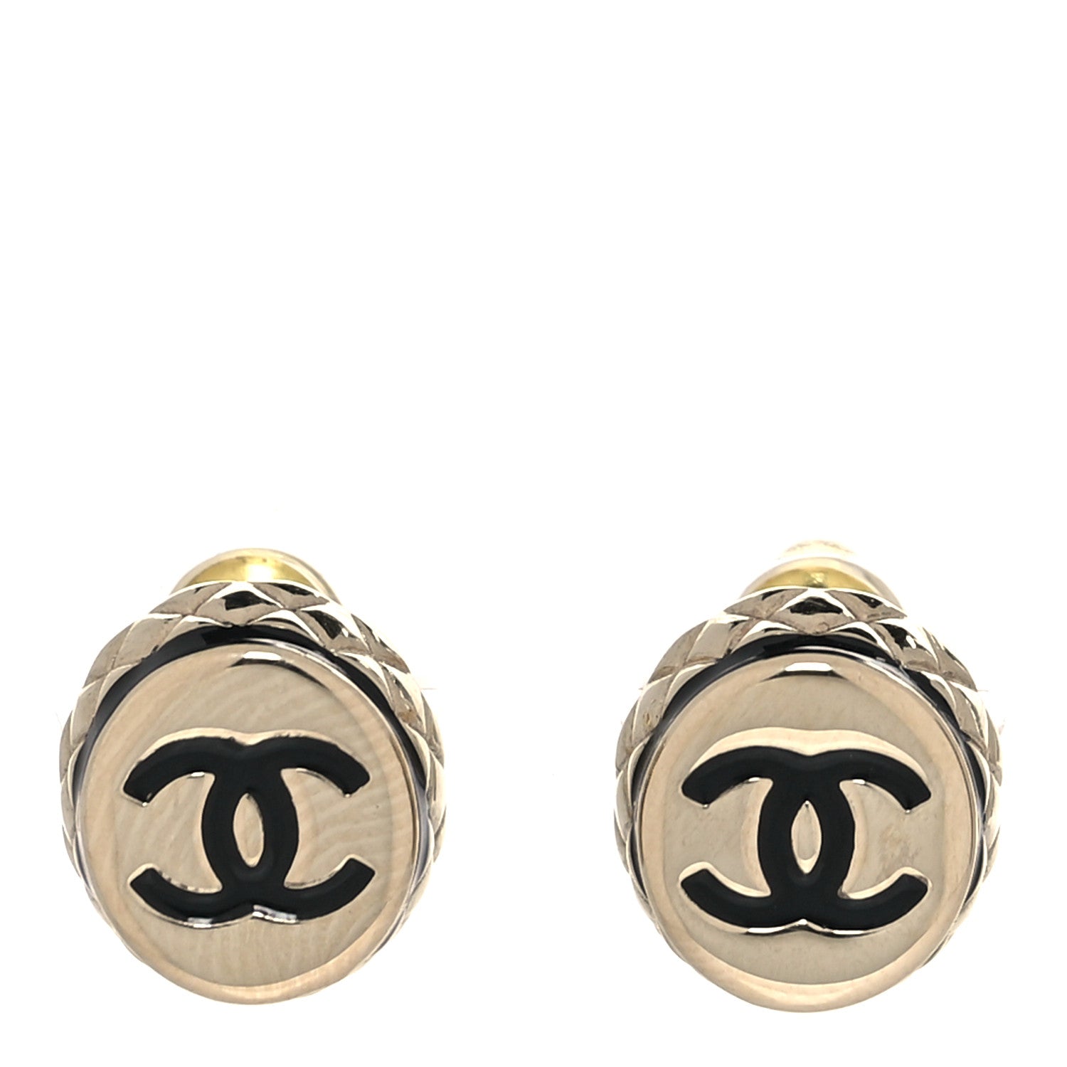 Chanel Metal Enamel Quilted CC Stud Earrings Gold Black