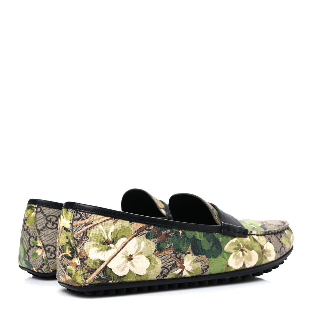 Gucci GG Supreme Monogram Blooms Mens Driver Loafers 7 Beige New Military Black