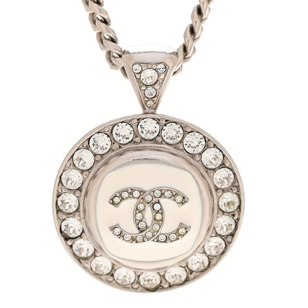 Chanel Crystal Enamel CC Pendant Necklace Silver White