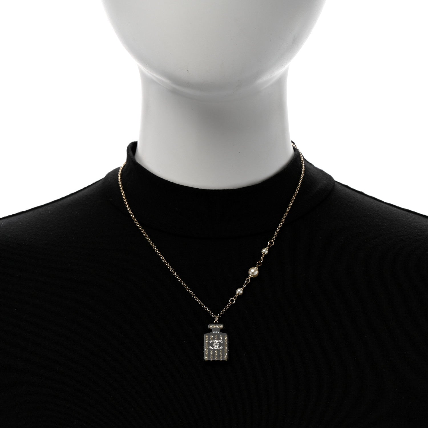 Chanel Resin Strass Pearl Perfume Bottle CC Necklace Black Gold