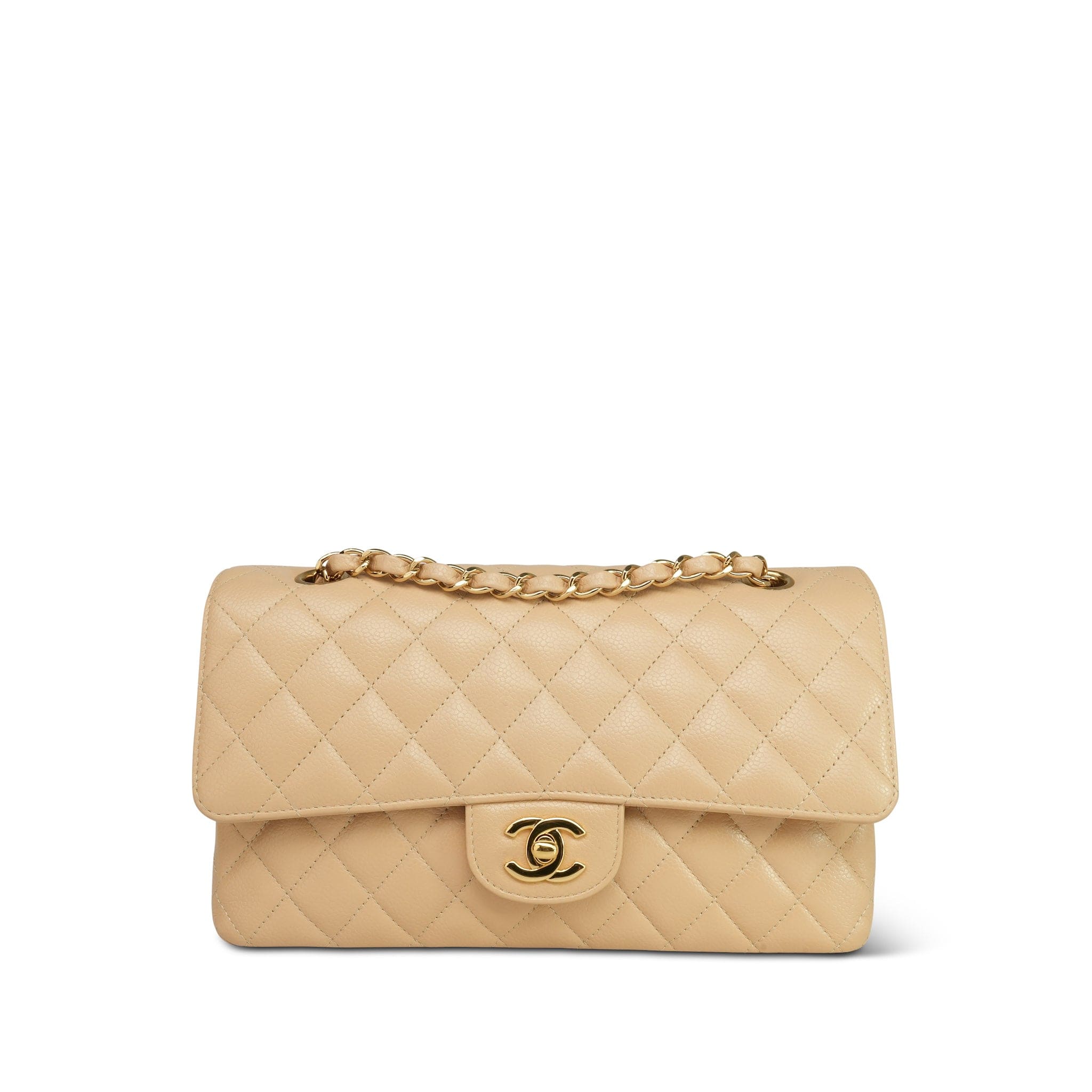 Chanel Beige Clair Caviar Quilted Double Flap Medium Gold Hardware