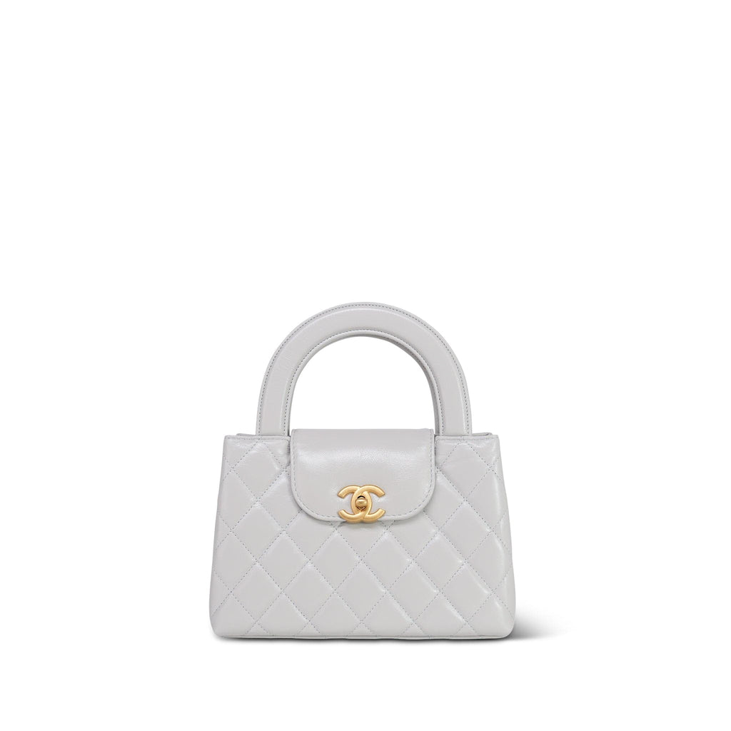 Chanel Light Grey Shiny Aged Calfskin Quilted Nano Kelly Shopper Aged Gold Hardware