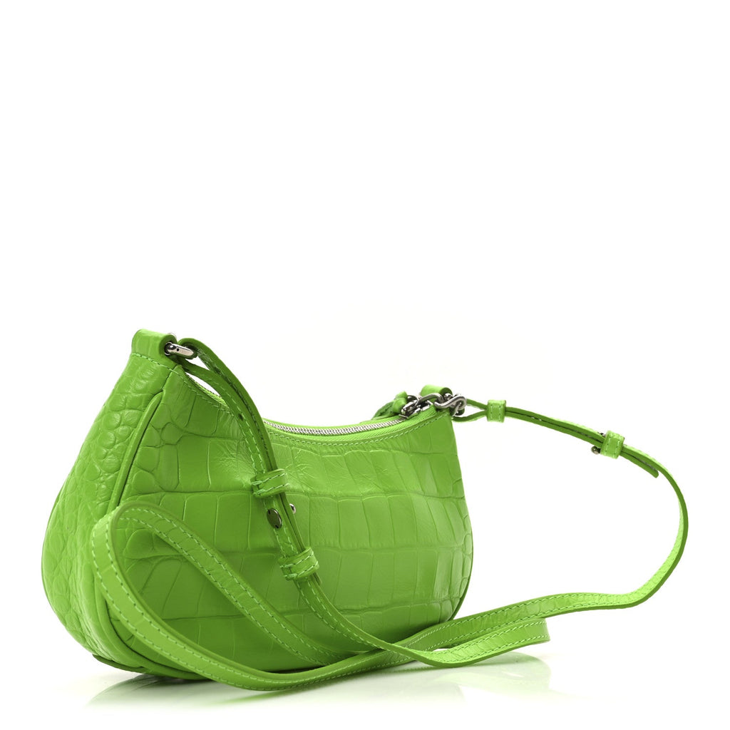 Balenciaga Extra Supple Calfskin Crocodile Embossed Le Cagole Mini Purse With Chain Acid Green