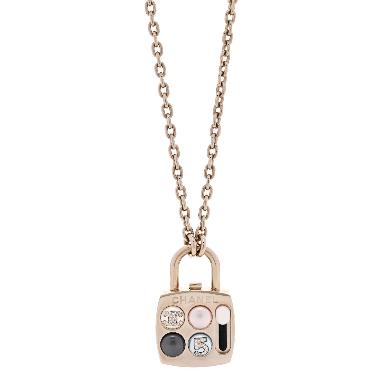 Chanel Pearl Resin Crystal CC No 5 Eyeshadow Pendant Necklace Multicolor