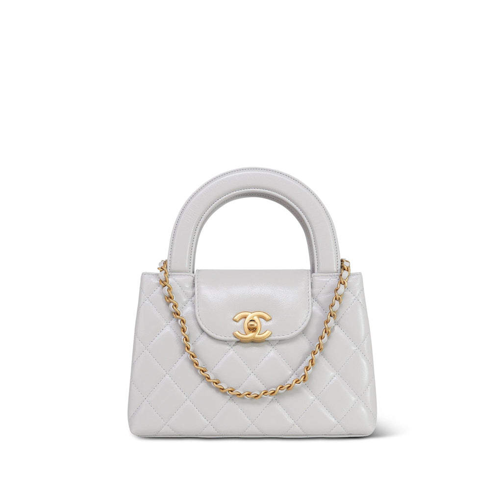 Chanel Light Grey Shiny Aged Calfskin Quilted Nano Kelly Shopper Aged Gold Hardware