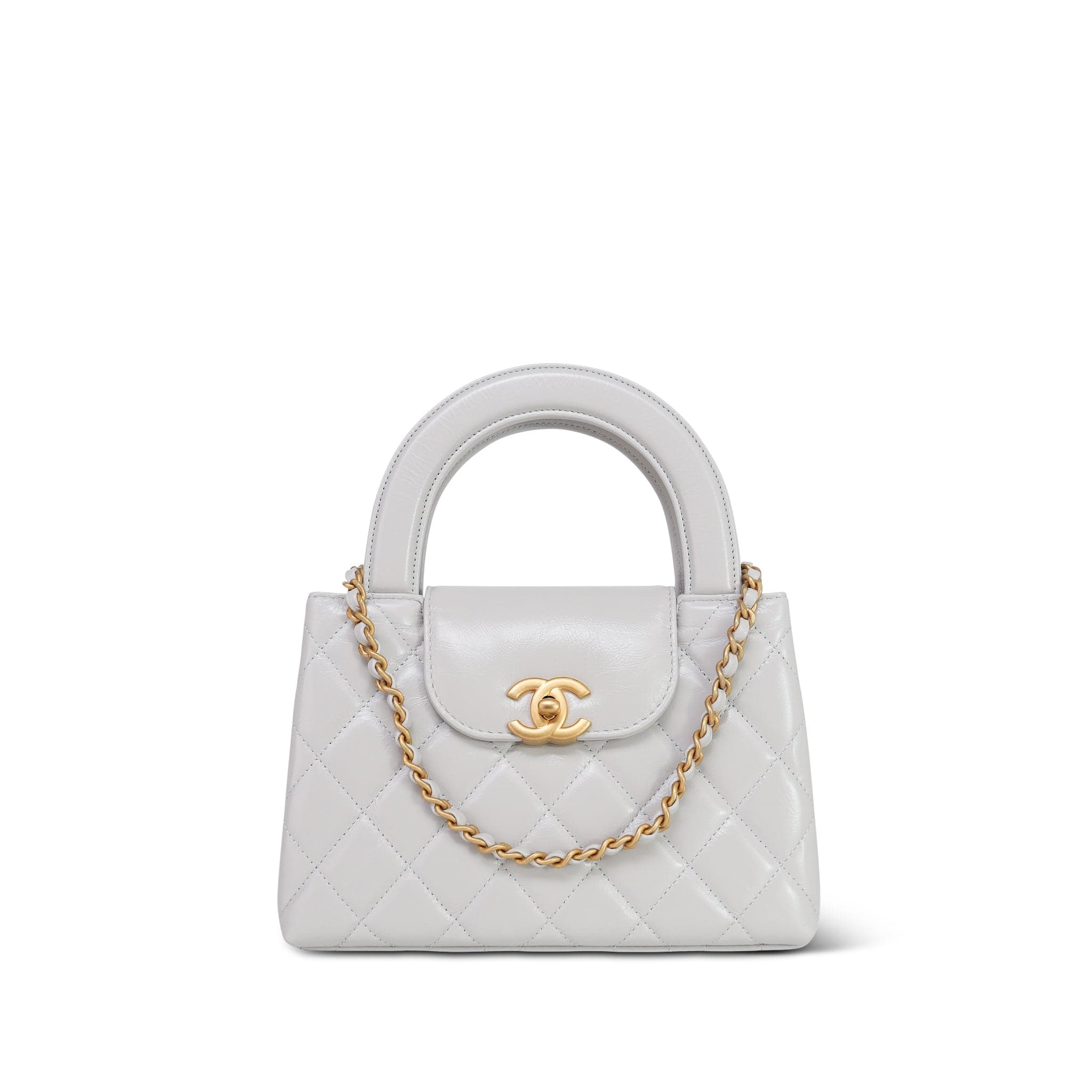 Chanel Light Grey Shiny Aged Calfskin Quilted Nano Kelly Shopper Aged Gold Hardware